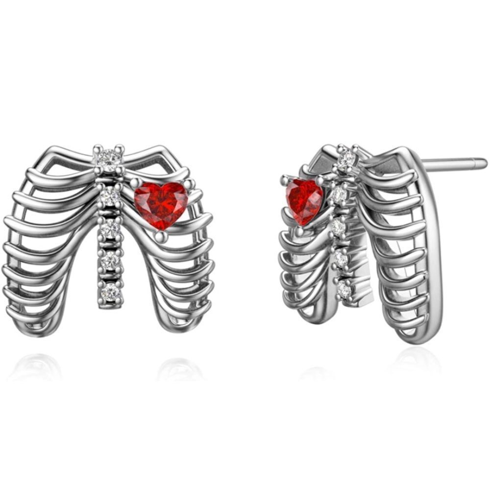 18k Diamond Ruby Skeleton Rib Beating Heart Earrings